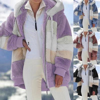European & American Women's Loose Plush Spliced Hooded Cardigan - Casual Autumn/Winter Coat