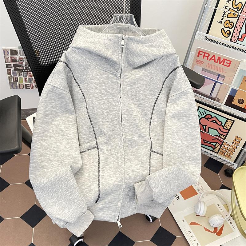 Men s Trendy Heavyweight Deconstructed Air Layer Hooded Cardigan with Contrast Stitching L серый