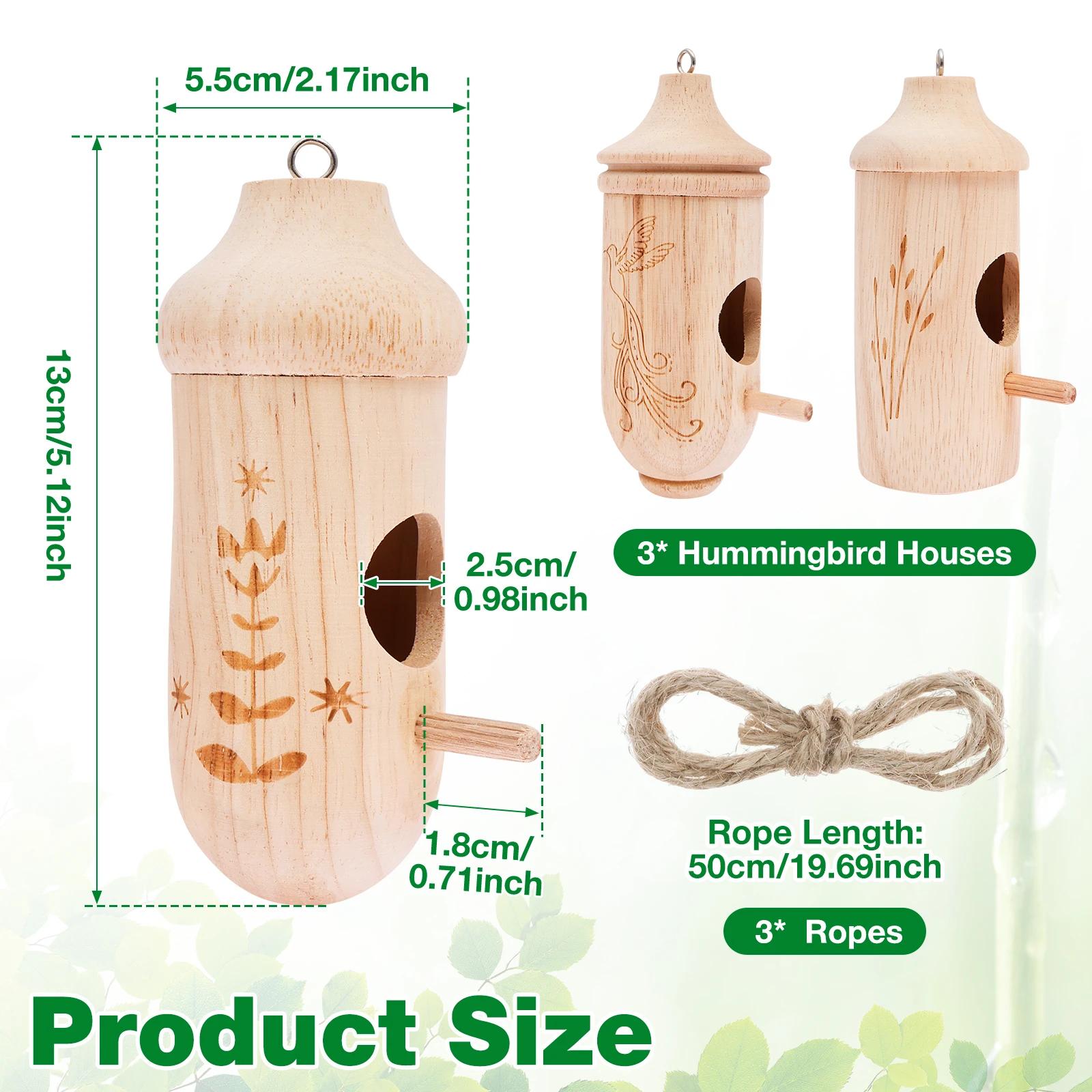 3 Pcs Hummingbird House Wooden Hanging Bird House with String Handmade Nest Wild Bird House for Outdoor Yard Garden Decoration