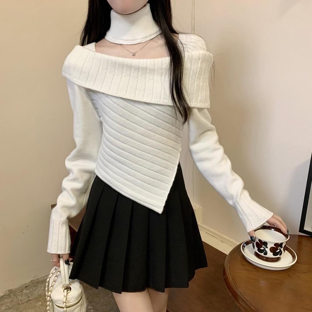 Sweet and Spicy Irregular Neck Cover Sweater Square Collar Careful Hanging Neck White Knitted Autumn and Winter New Knitted Sweater