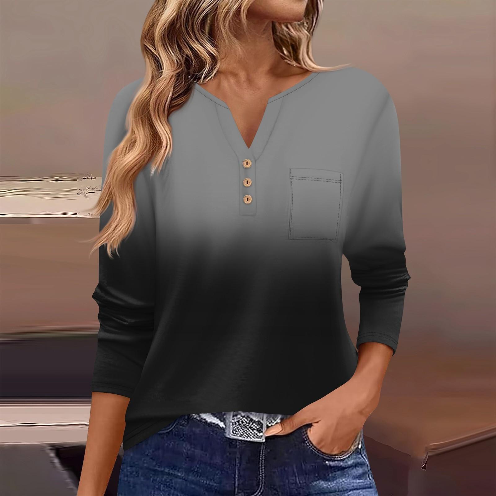 

Женская футболка с длинным рукавом на пуговицах, повседневная, выходного дня, модная, базовая, с V-образным вырезом, обычная, с карманом S чёрный