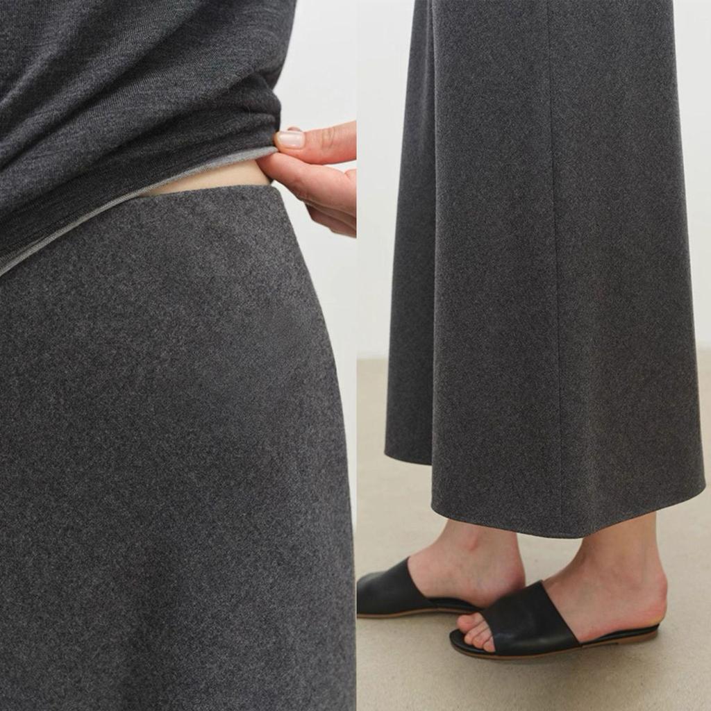 Wen Jiu A-Line Long Skirt: Slanted Cut Wool, Solid Color, Winter Elastic Waist, Slimming Half Skirt