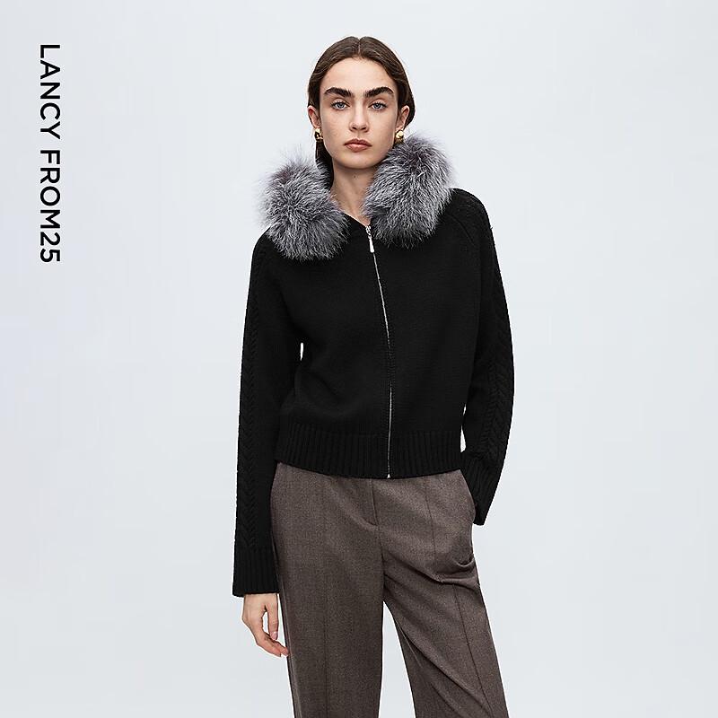 LANCY Wool & Fox Fur Collar Knit Cardigan
