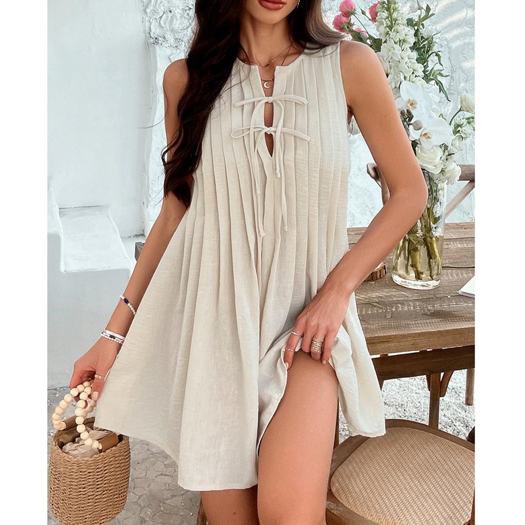 Women's Casual Loose Solid Color Pleated Sleeveless Jumpsuit Dress Pleated Sleeveless Jumpsuit Dress