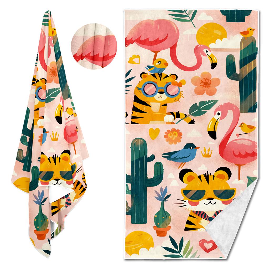 1/2Pcs Tiger Flamingo Cactus Printed Beach Towel, Tropical Jungle Animal Floral Pattern Towel, For Beach Outdoor Travel