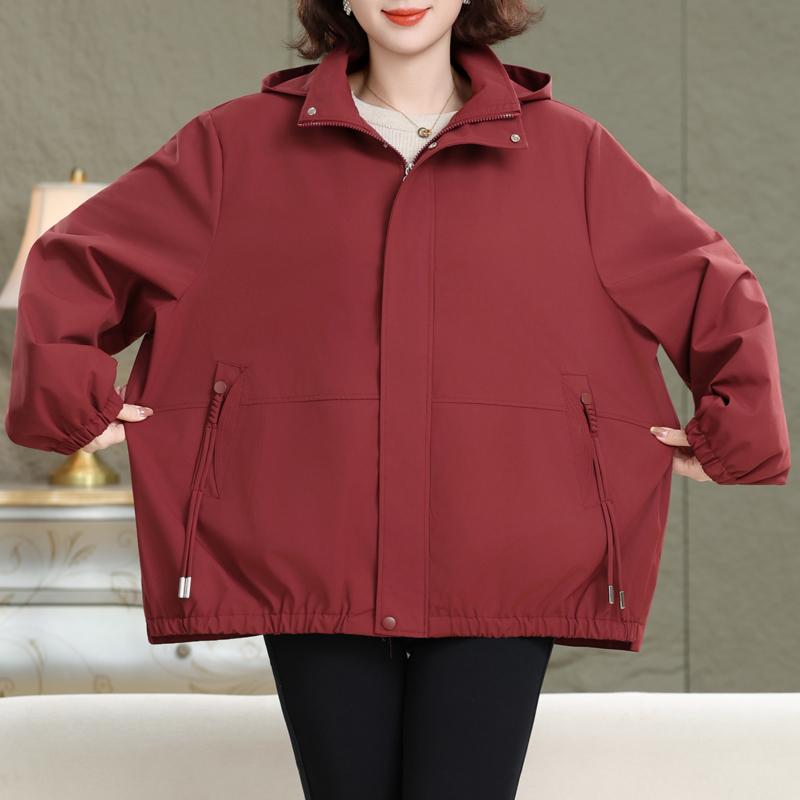 Women's Plus Size Solid Color Hooded Jacket – Drawstring Pocket Windproof Coat (Sizes 3XL-7XL) for Middle-Aged Women
