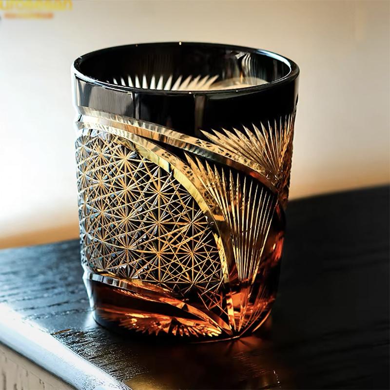 Handicraft Cut Amber Blue Colored Glass Whisky Glasses Tumbler Japanese Edo Kiriko Technique Glass Artwork Drinkware 260Ml