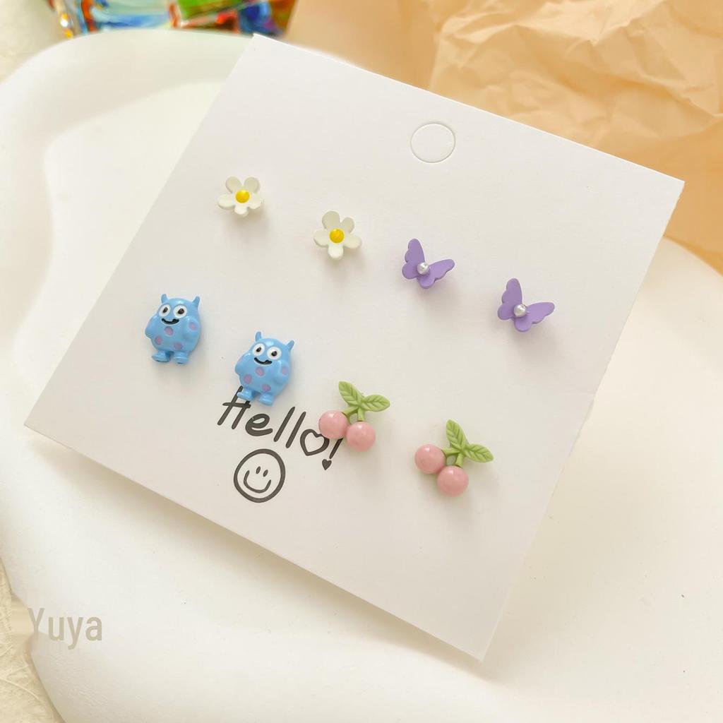 Charming Petite Silver Needle Earrings Set for Women - Cute, Colorful, Sweet Exquisite Styles