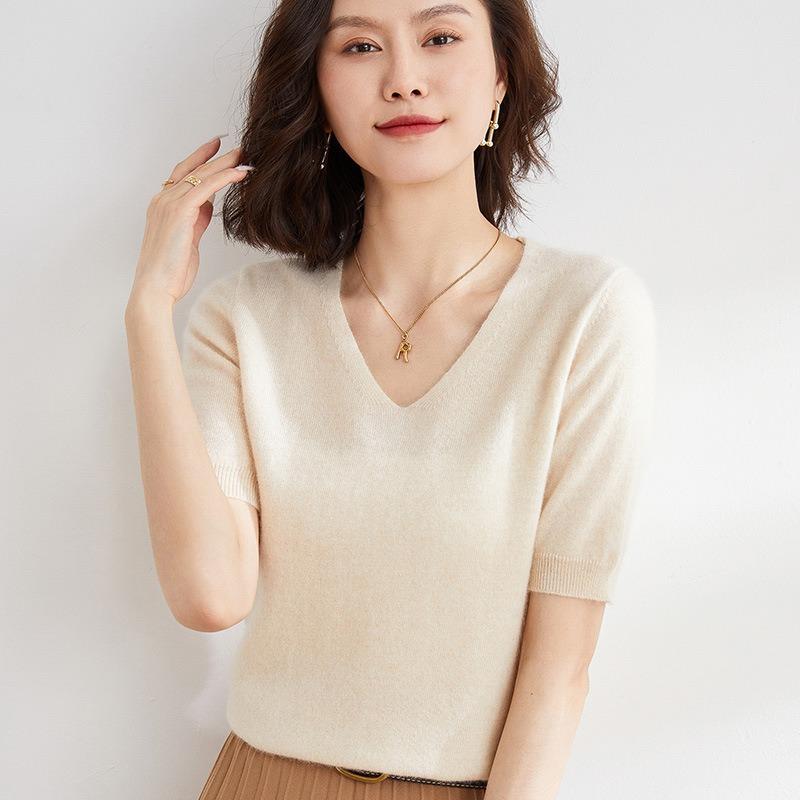 

Весенне-осенняя женская футболка, вязаная рубашка с v-образным вырезом, простой темпераментный тонкий топ, однотонный вязаный низ, тонкий S бежевый