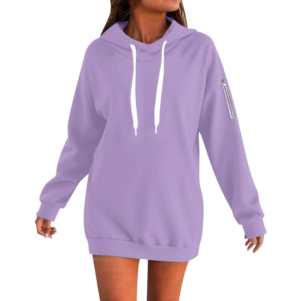 Women's Loose Long Sleeved Solid Color Hooded Sweatshirt With Velvet Drawstring
