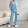 New Autumn Winter Women Two Piece Loungewear Set, Elegant Loose V-Neck Casual Outfit With Straight Leg Pants
