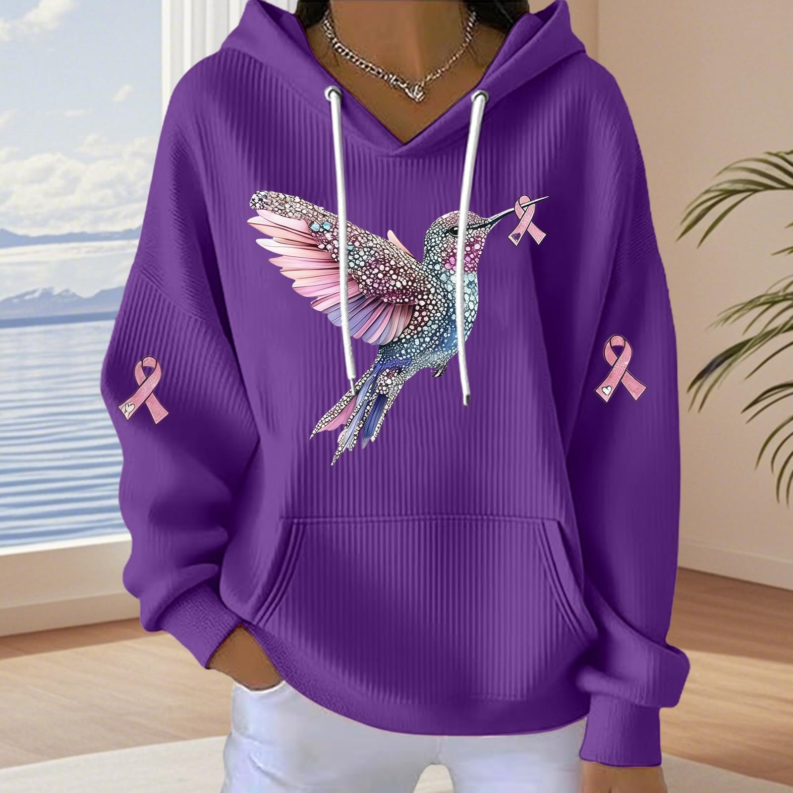 

Женский модный повседневный пуловер с принтом птиц, спортивный топ-свитшот с длинными рукавами XL фиолетовый