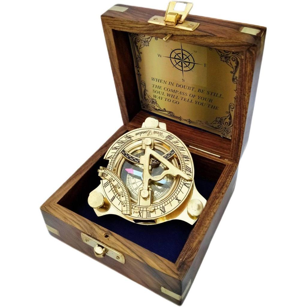 India Brass Sundial Compass With Wood Box Collectible Gift Compass (Gold, Brown)