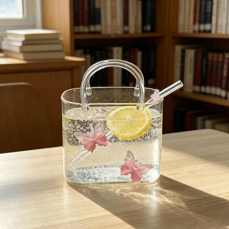 Bolso Portátil con Taza de Vidrio, Vasos Creativos para Cócteles, Vasos Divertidos para Vino de Frutas, Bolso de Estilo Ins con Vaso y Pajita, Herramientas de Bar