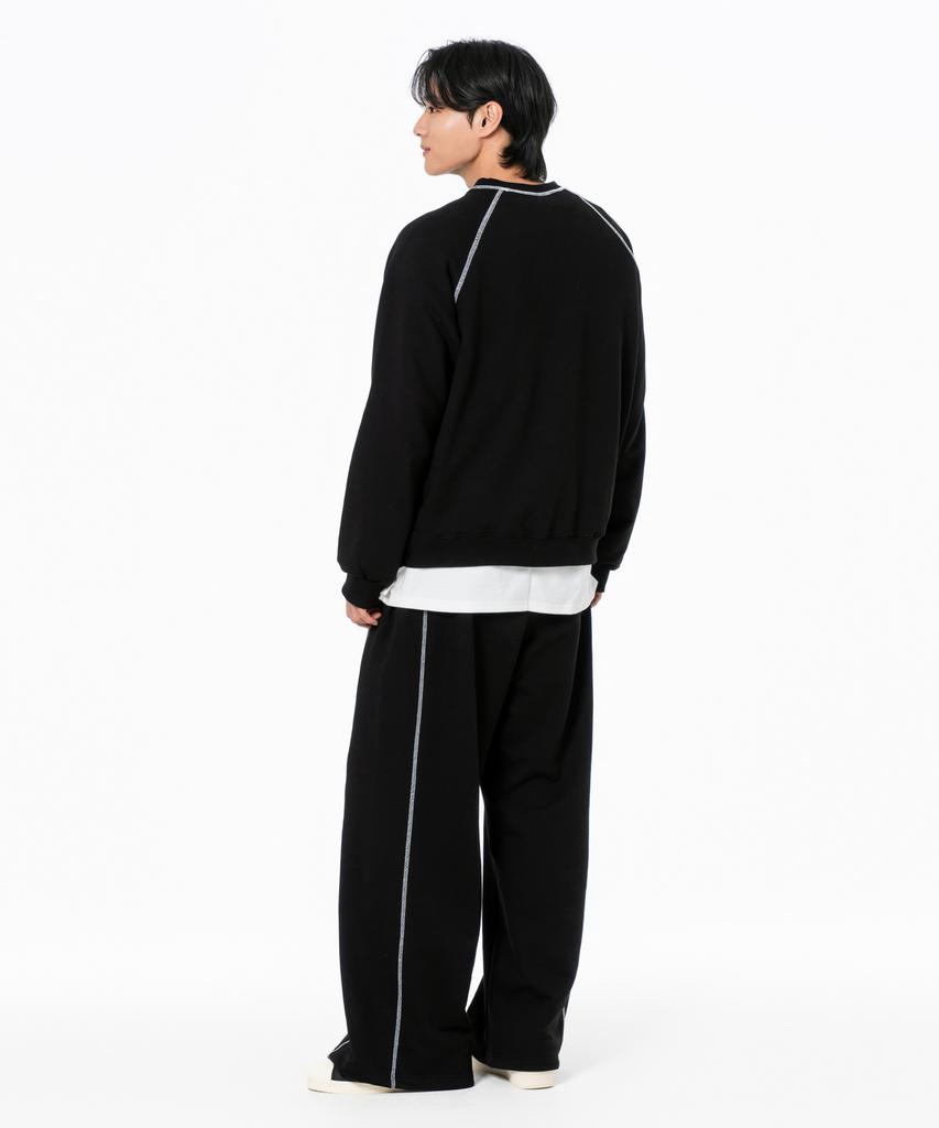 MOZMOZ [Set] Blurring Stitch Raglan Oversized Sweatshirt + Stitch Wide Training Pants Black