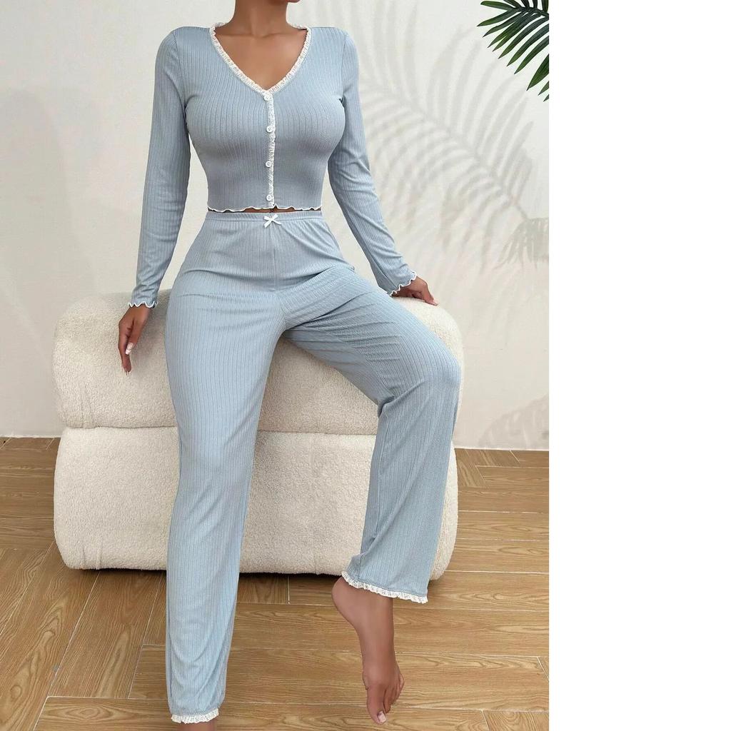 Autumn Winter Homewear Pajamas Set for Women Long Sleeves Shirt Trousers 2 Pieces Sexy Lace Pijamas Sleepwear Loungewear
