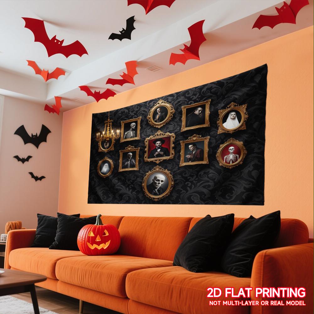One Halloween decoration scene with a terrifying mansion background, featuring a dramatic Gothic skull portrait design