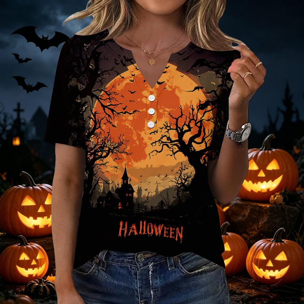 Women's Halloween Printed Loose Fit V Neck Short Sleeve Top with Pocket Casual Lightweight Blouse for Everyday Wear