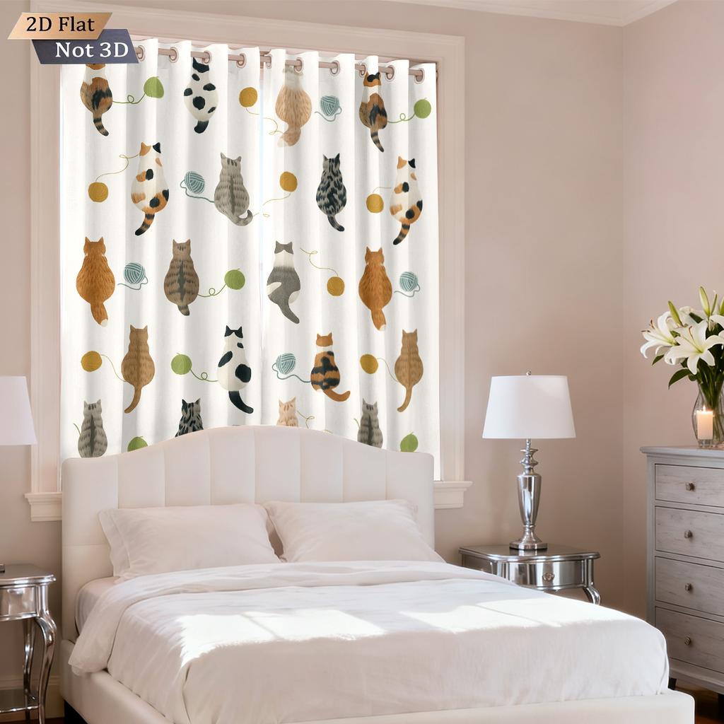 2pcs Cartoon Cute Cat Printed Perforated Blackout Curtains   Multi Size Living Room Insulation Decoration   Easy Installation