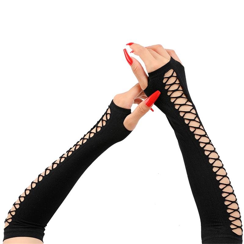 Vintage Party Cosplay Mesh Stretch Gloves Nightclub Dancing Half-Finger Fun Fishnet Mittens Women'S Long Broken Hole Arm Sleeve