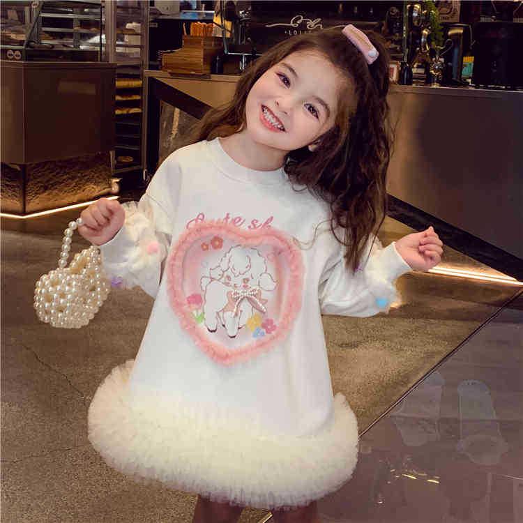 Autumn 2024 Casual Sweater Mesh Princess Dress for Little Girls