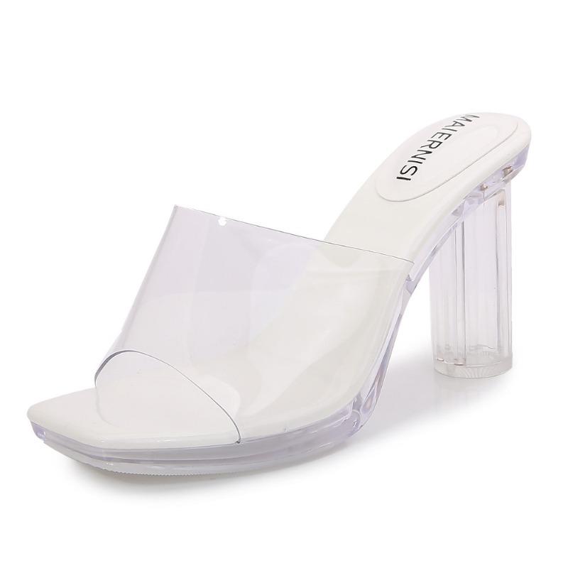 Sandals Women's Summer Silver Outer Slippers Comfortable Simple Temperament Crystal Thick Heel Transparent High Heels