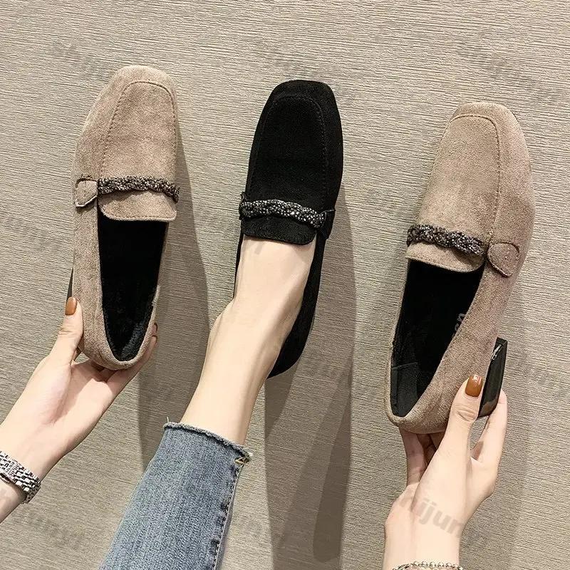 Damen Wildleder Flache Einzelne Schuhe Frühling Neue Mode Damen Quadratische Zehenpartie Weiche Sohle Loafer Vielseitig zum Hineinschlüpfen Schwarze Abriebfeste Schuhe