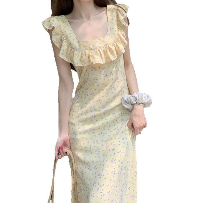 French Girl Floral Ruffle Midi Dress - Sexy Slim Lace Spaghetti Strap Summer Vacation Dress