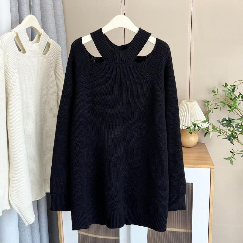 Plus Size Women Thick Hollow Out Mid Length Long Sleeve Pullover Sweater