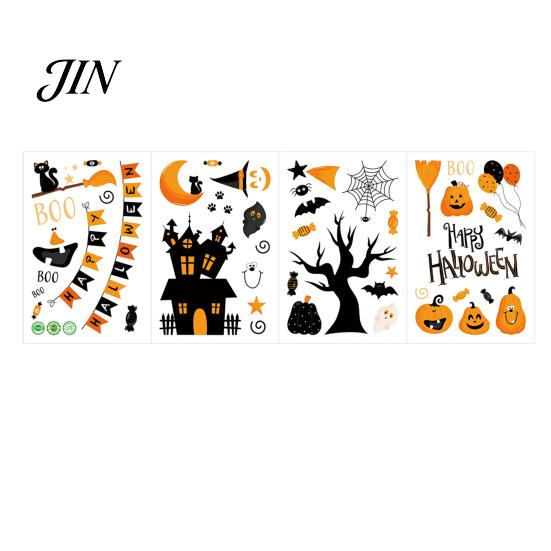 Cartoon Pumpkin Window Cling 4 Sheets Halloween Electrostatic Glass Stickers, Pumpkins Castle Bats Bright Color Decals PVC Waterproof Static