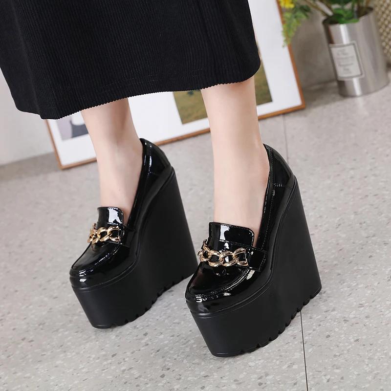 New Muffin Bottom Women's Shoes Wedge Heel Round Head 16CM Super High Heel Shoes Fashion Patent Leather Increase Women's Shoes