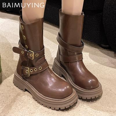 Women Platform Mid Calf Boots Leather Fashion Mid Heels Winter Shoes 2025 Trend Designer Goth Pumps Motorcycle Botas De Mujer
