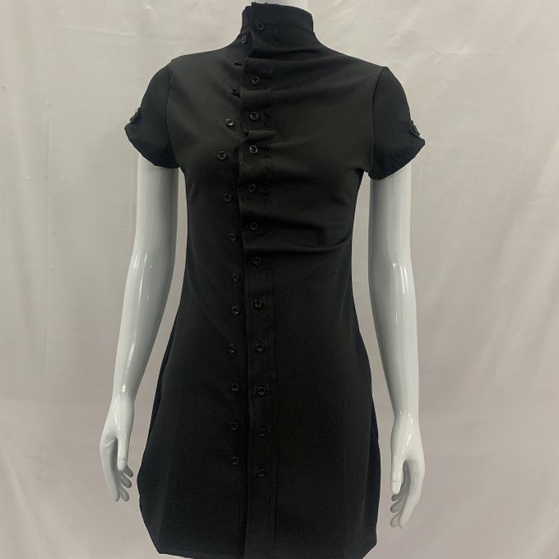 Sommer Vintage zweireihiges Stehkragen kurzärmeliges tailliertes eng anliegendes schwarzes Hüftkleid