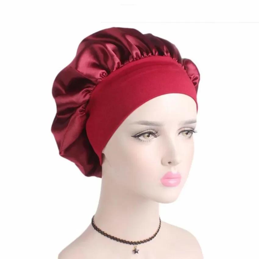 

Women Satin Solid Shower Cap Sleeping Hat Bonnet De Nuit Night Sleep Cap Hair Care Bonnet Nightcap Wide Elastic Band Unisex Cap
