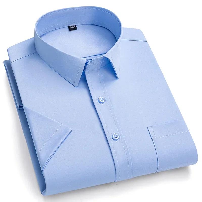 Camisa Masculina de Verão Não Amassa Anti-Rugas Casual de Negócios Cor Sólida Elástica Lisa Manga Curta Trabalho Social