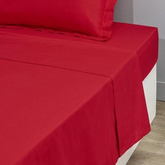 Drap Plat 1 Place - 100% Coton - 180 x 290 cm - Uni - Rouge - Tissage Serré