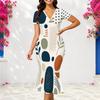 Women Plus Size V Neck Short Sleeve Fitted Abstract Printed Fishtail Dress