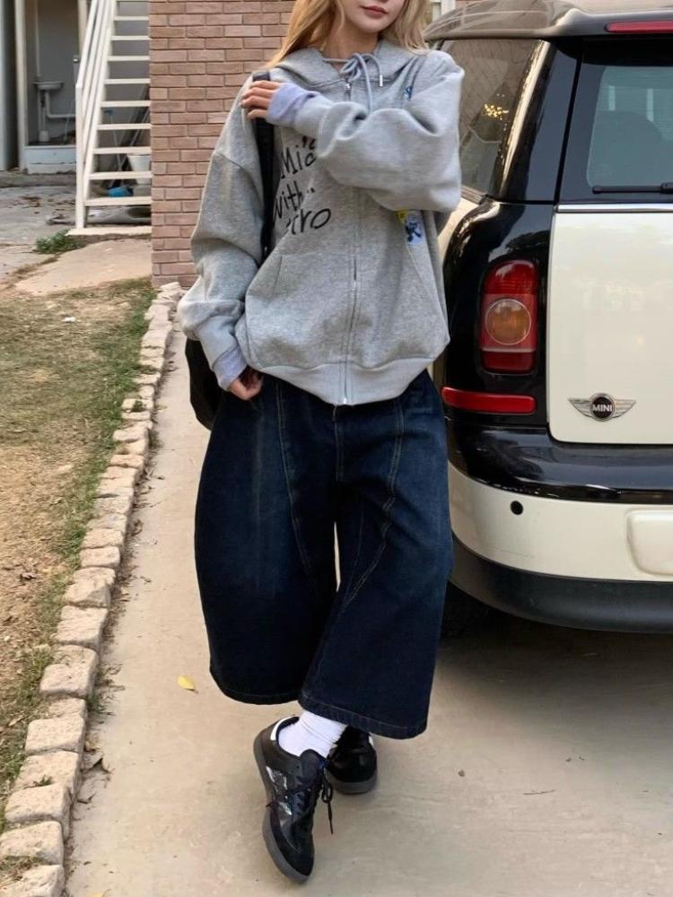 90s Plus Size American Embroidery Stitched Jeans Women Summer Loose Retro High Waisted Pants Y2k Design Wide Leg Cropped Shorts