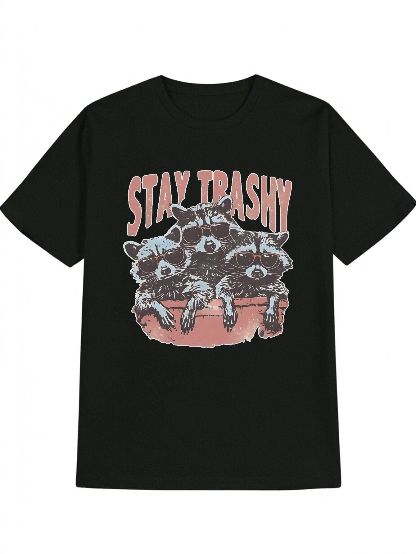 

Casual Graphic T-shirt with Raccoon Fashion Glasses & STAY TRASHY Print - Black Round Neck Summer Tee S