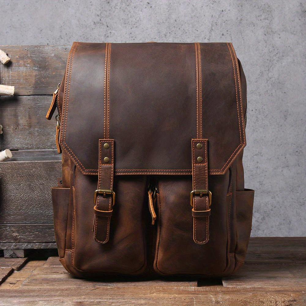 Vintage-Style Genuine Leather Backpack - Large Capacity, Adjustable Straps for Travel & Laptop Storage, Deep Brown