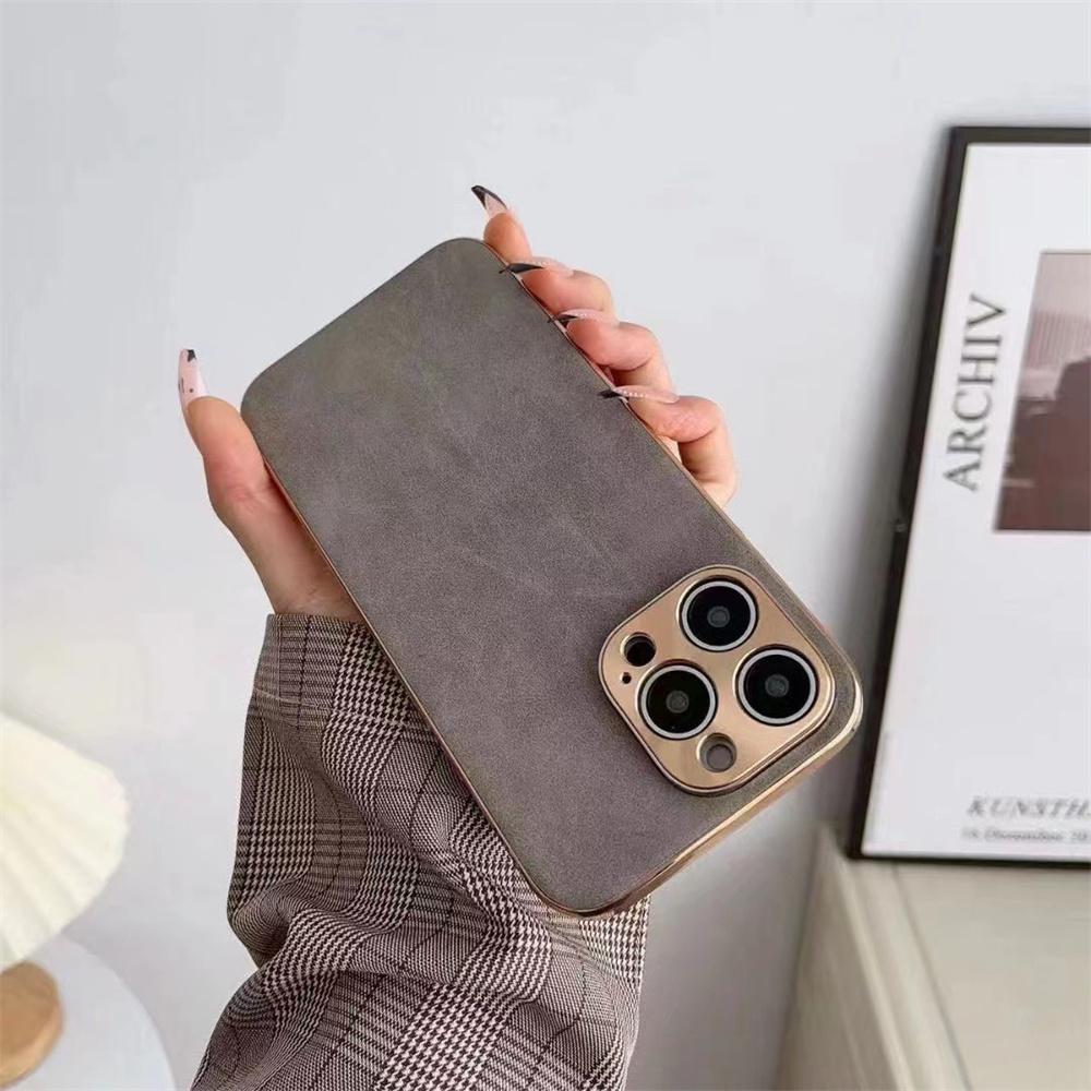 Funda Metálica con Baño de Cuero de Cordero Gamuzado para iPhone 15 14 13 12 Pro Max Plus Protector de Cámara Parachoques Protector contra Golpes