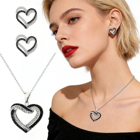 Set Bijuterii Inimi Suprapuse Inimi cu Strasuri Negre Albe Colier și Cercei Pandantiv Inimă Dublă Bijuterii pentru Petreceri Nunti Celebrații