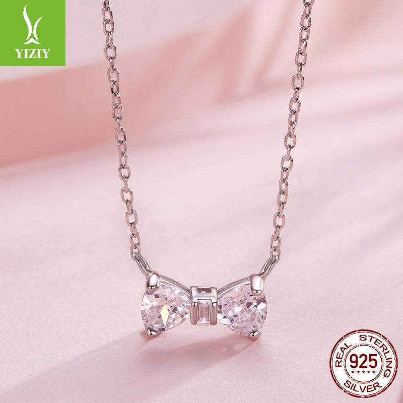 Sparkling Zircon Bow Necklace, Elegant And Luxurious S925 Sterling Silver Necklace Collarbone Chain
