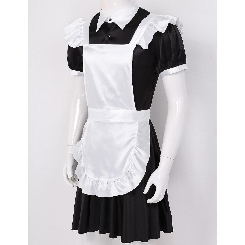 Men Sissy Maid Cosplay Costume Outfit Dress with Apron and Headband