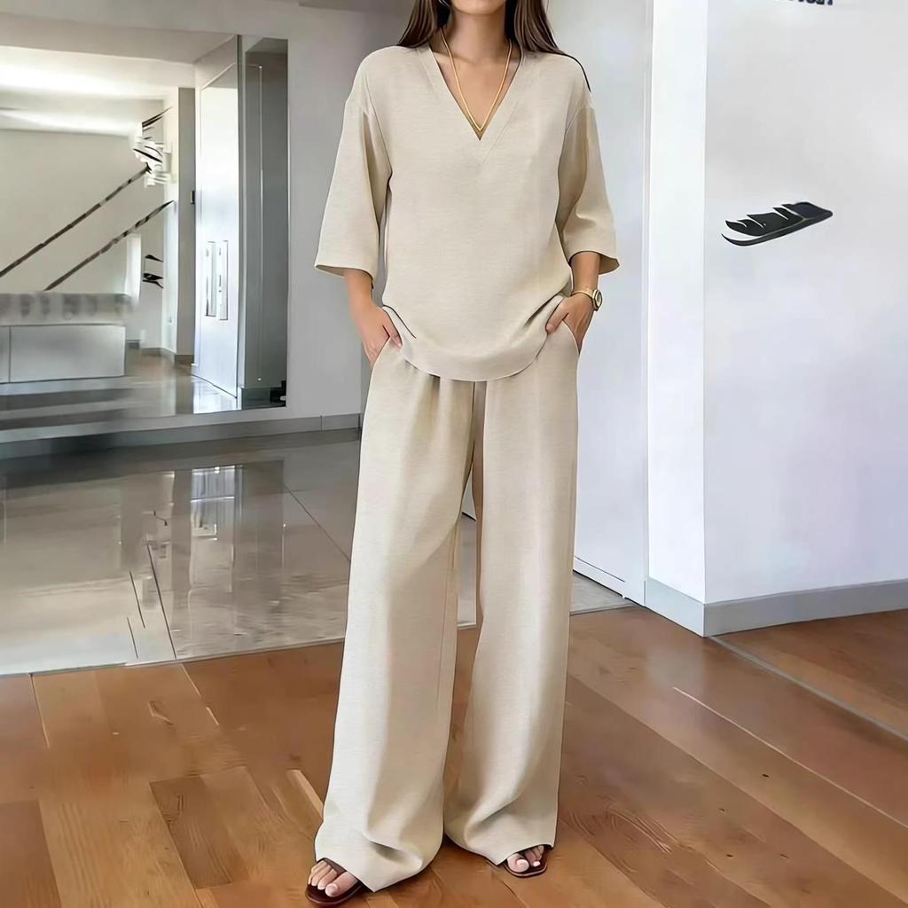 Women's Spring V-Neck Top and Wide-Leg Pants Set - Solid Color, Short-Sleeved, European & American Style Casual Wear