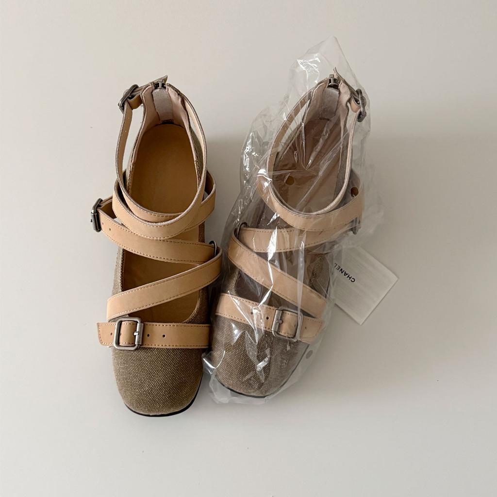 Soft leather version~ retro square head niche cross one-word buckle sports bottom ballet shoes women's versatile light mouth single shoes