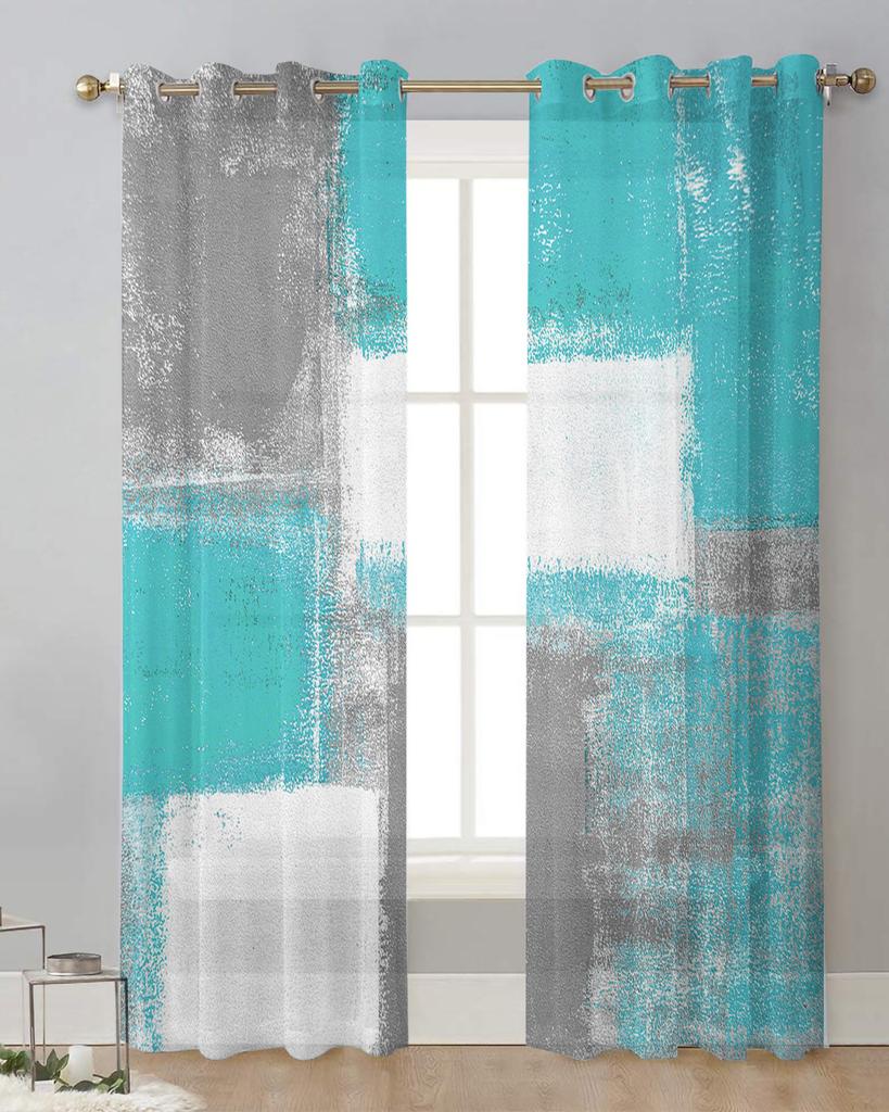 Oil Painting Abstract Geometric Aqua Blue Sheer Curtains for Living Room Decoration Window Curtains Kitchen Tulle Voile Curtains