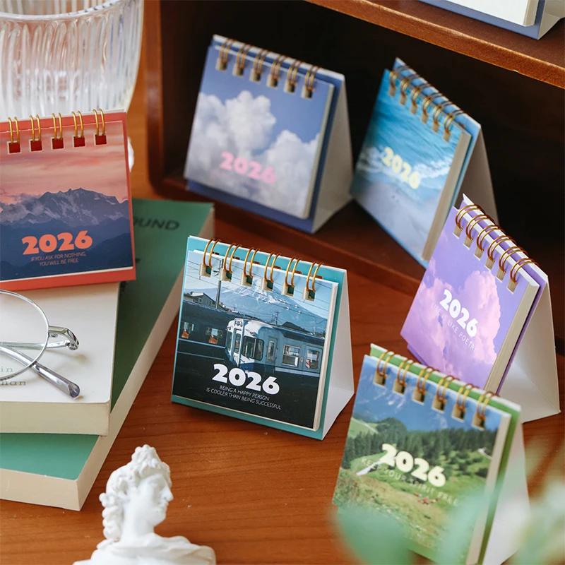 Calendário de Mesa Mini Paisagem 2026 Criativo Espiral Planejador Decoração de Mesa Papelaria de Escritório
