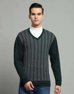 Luxuria Mens Green Self Design V Neck Full Sleeve Pullover
