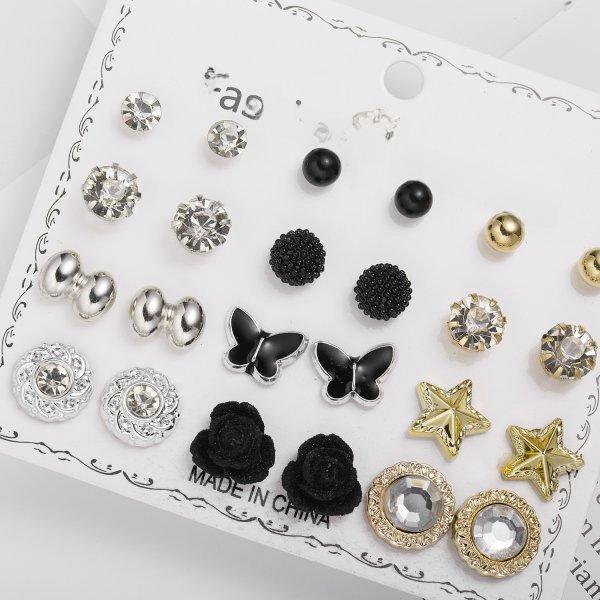 Ensemble de 12 paires de boucles d'oreilles élégantes en alliage de zirconium pour femme